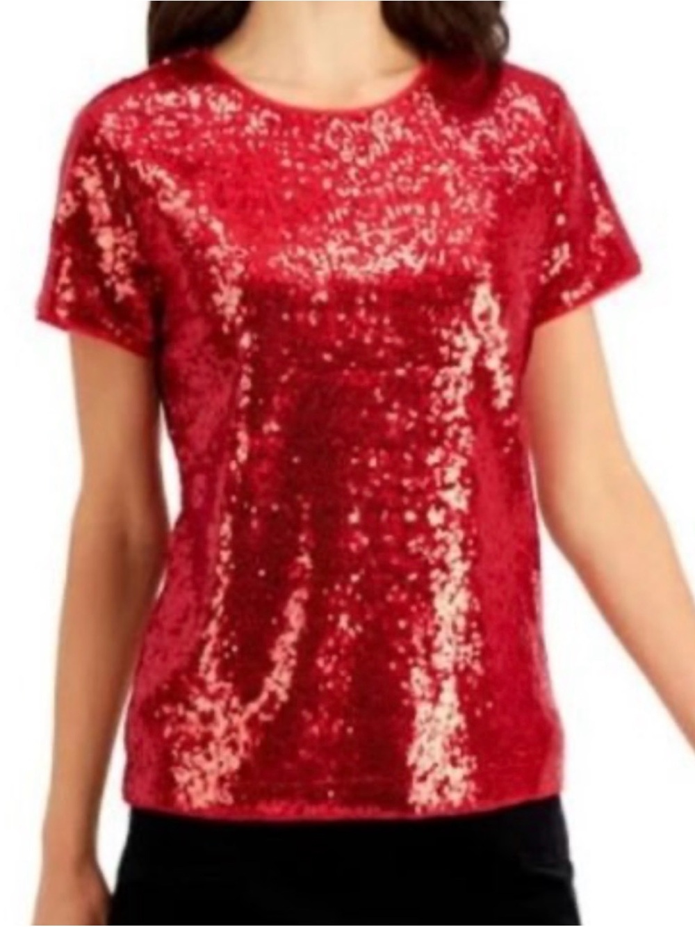 Charter Club Red Sequin Short-Sleeve Blouse Size Large